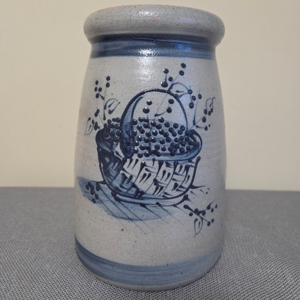 Vintage 1990 Rowe Pottery Works Salt Glaze Blue Berry Basket Crock USA Handmade